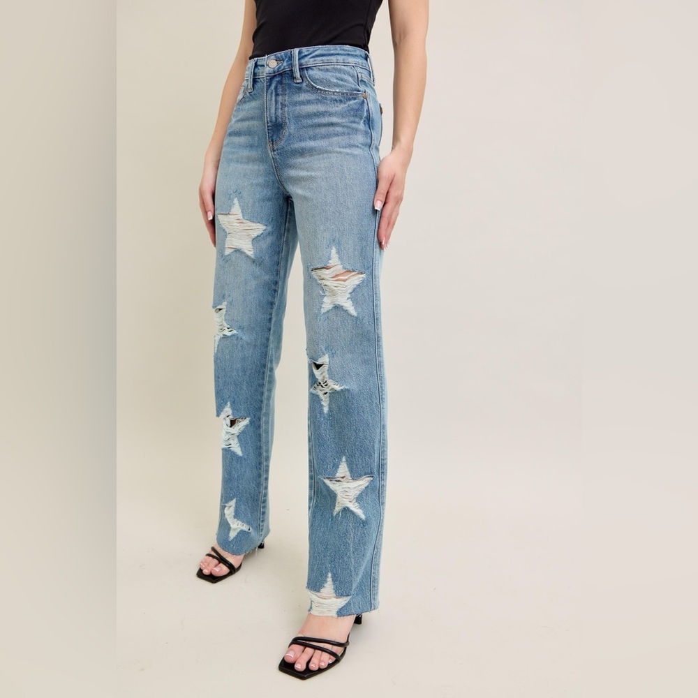 Judy Blue High Waist Rigid Magic Star Shaped Destroy 90's Straight Jeans - Picture 6 of 9